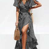 Vestido Longo de Chiffon Babado Decote V