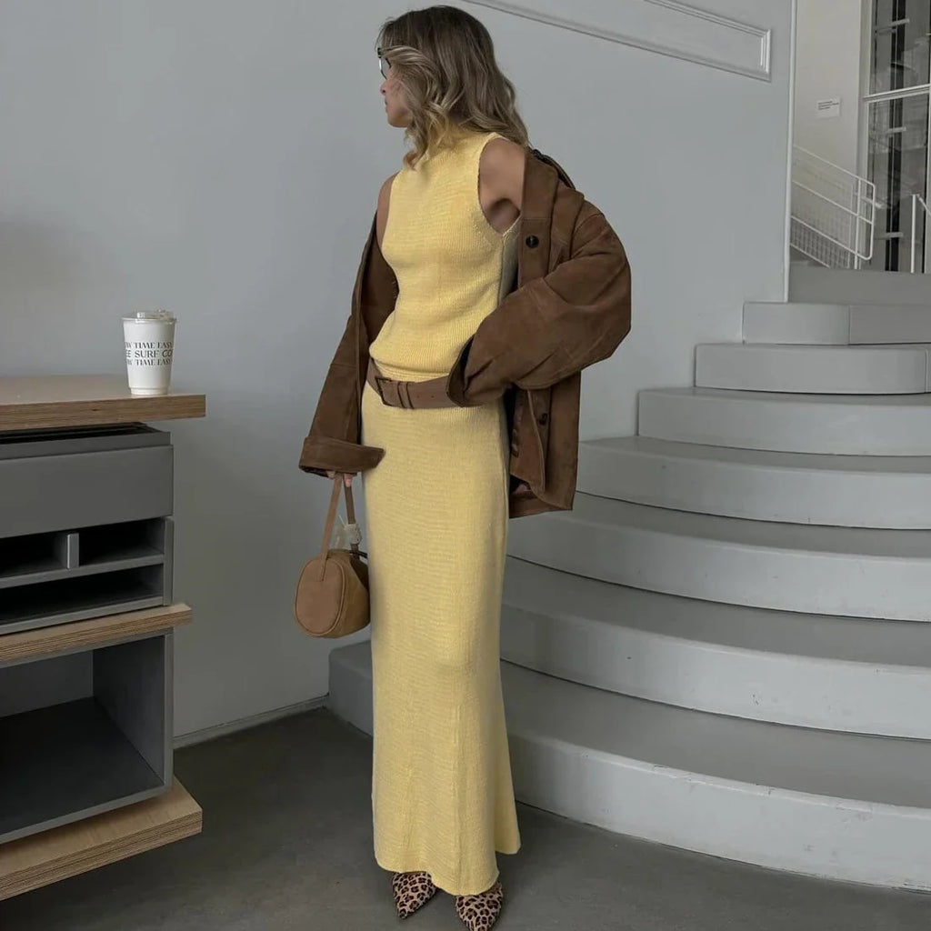 Conjunto Duas Peças de Saia Longa Colete Gola Alta