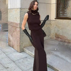 Conjunto Duas Peças de Saia Longa Colete Gola Alta