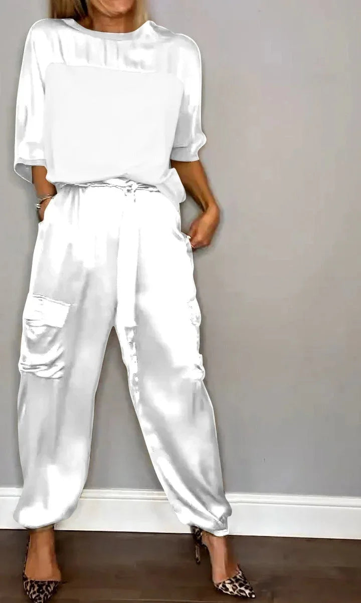 Conjunto de Top de Cetim Liso com Mangas 3/4 e Calça Feminina