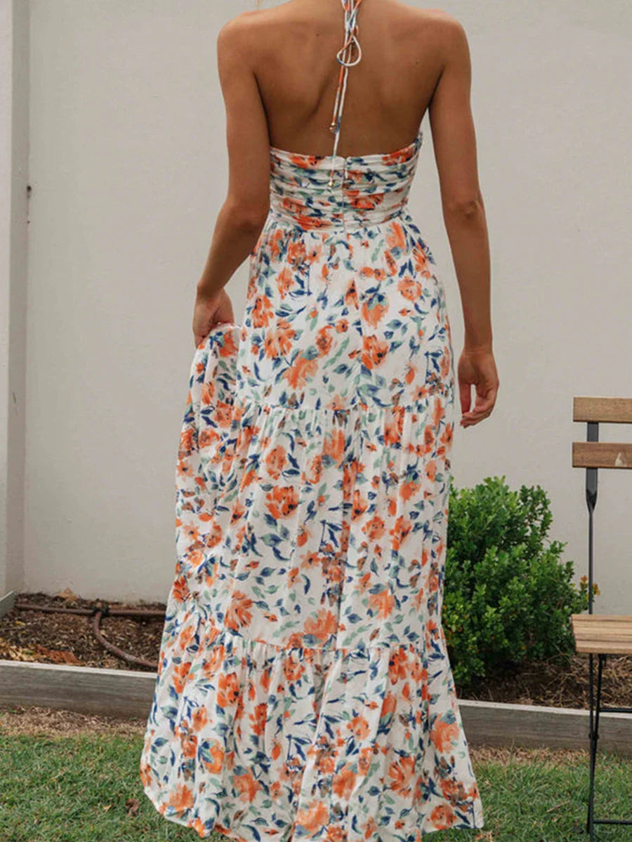 Vestido Feminino Longo Frente Única Floral Chiffon