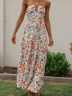 Vestido Feminino Longo Frente Única Floral Chiffon