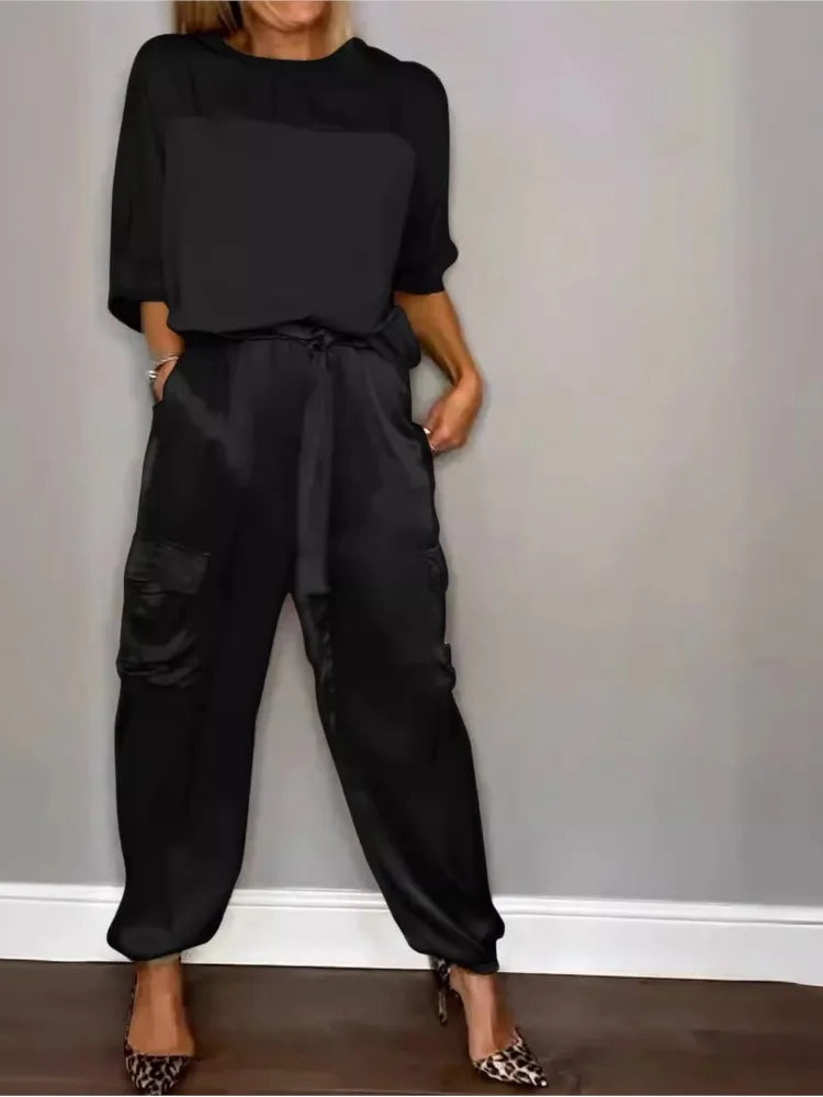 Conjunto de Top de Cetim Liso com Mangas 3/4 e Calça Feminina